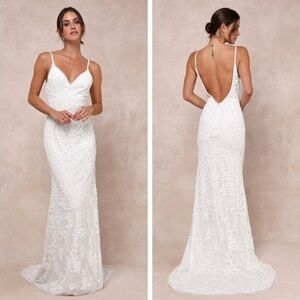 NWT Lulus Everlasting Passion White Sequin Beaded Backless Maxi Dress w/ Train S